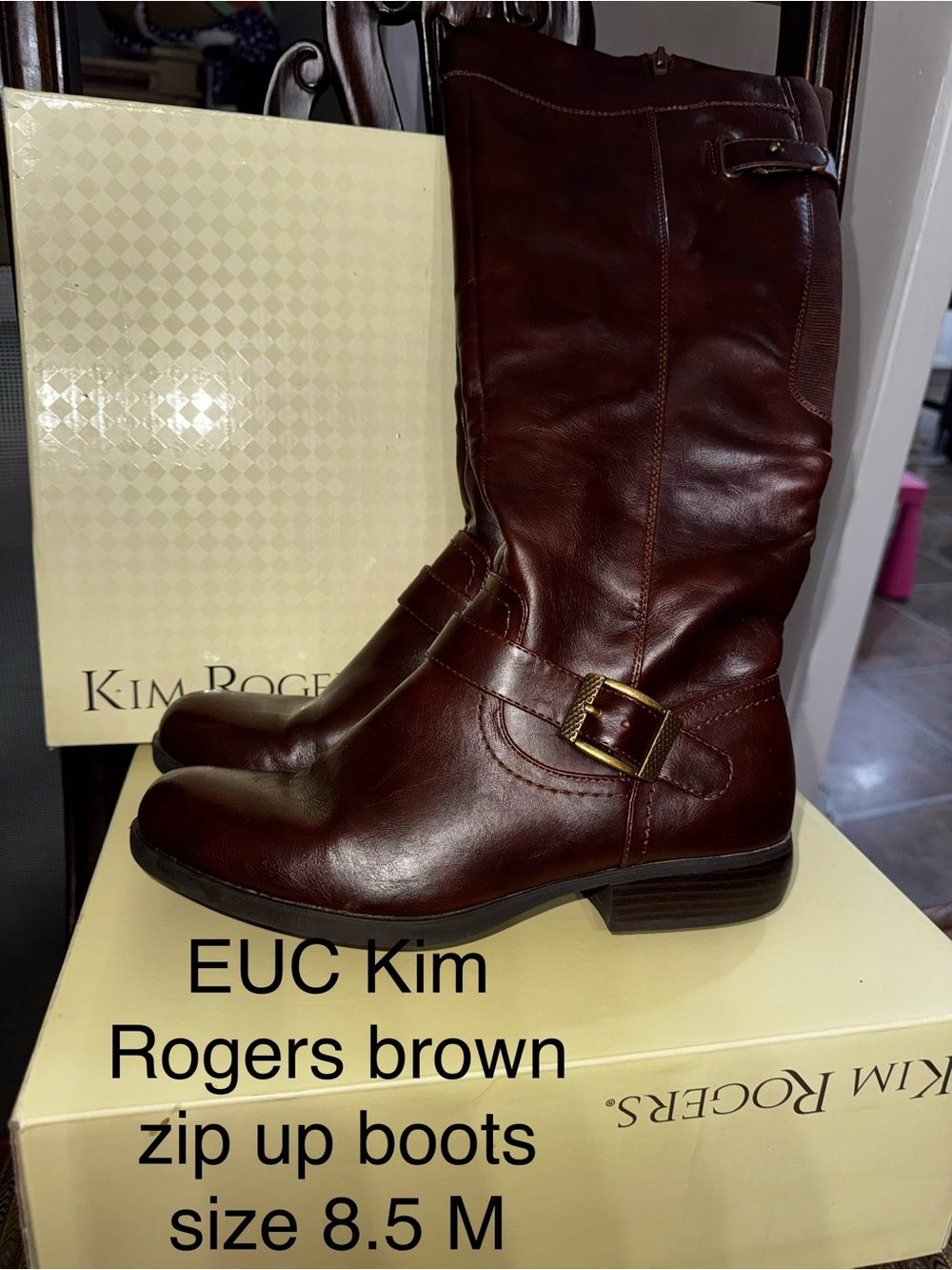 Kim Rogers Dark Brown Leather Mid-Calf Boots with Gold Buckle